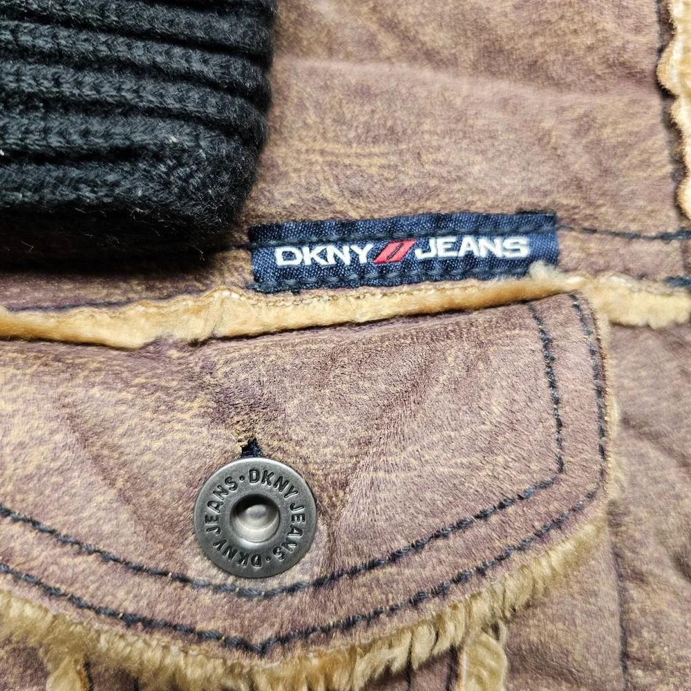 DKNY Faux Shearling‎ Jacket Girls Large Brown Lined Ribbed Collar Button Front